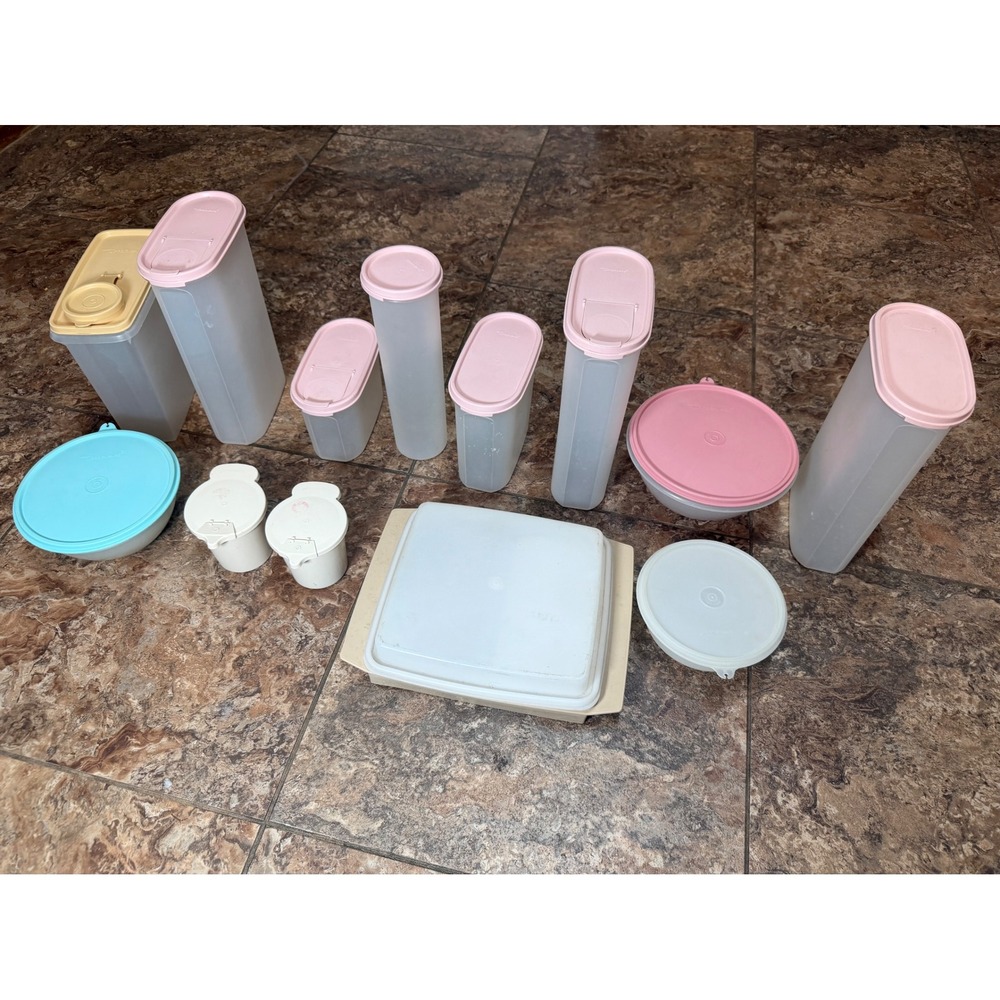 Vintage Tupperware Storage Container Lot Pink Lids Modular Mates Pantry 14 Pc